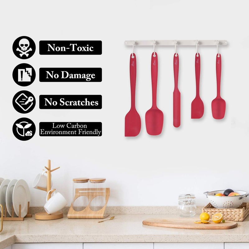 HOTEC Heat Resistant 600â„‰ BPA-Free Silicone Rubber Spatula Set, Kithchen Cooking Spatulas, Baking, Mixing, for Non Stick Cookware, Dishwasher Safe, Red Set of 5 - Image 5